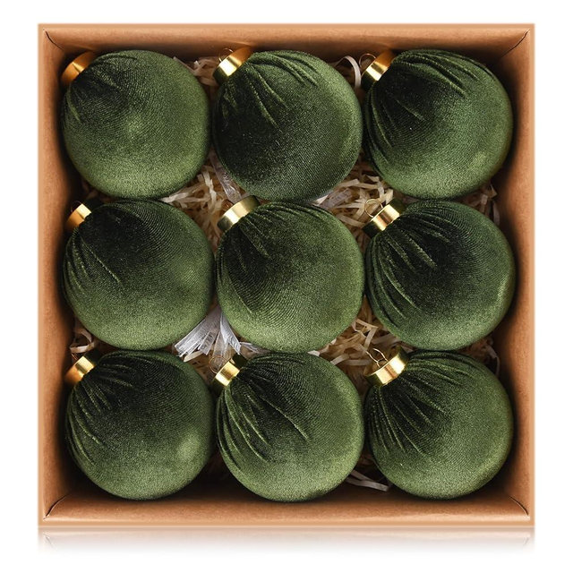 Velvet Ornaments for Christmas Tree Decorations - Moss Green Xmas Ball Ornament for Indoor Holiday Decor - Shatterproof Christmas Bulbs Ornaments 80mm 3.15inch - Pack of 9