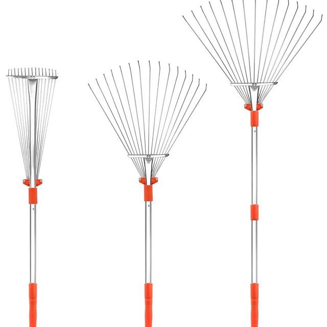 Buyplus Adjustable Garden Leaf Rake - 24 to 63 Inch Telescopic Metal Expandable Folding Leaves Rake for Lawn Yard, Flowers Beds, Orange