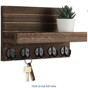 Key Holder for Wall, Decorative Key and Mail Holder with Shelf Has Large Key Hooks for Bags, Coats – Paulownia Wood Key Hanger with Mounting Hardware (9.8”W x 6.7”H x 4.2”D) (Brown)