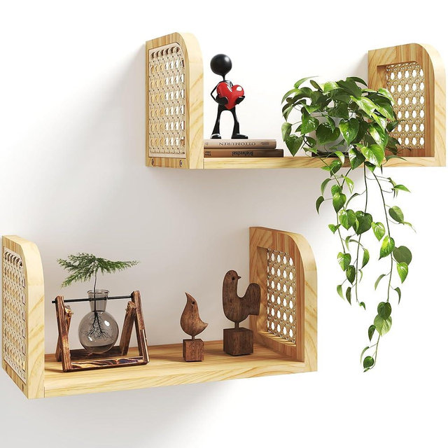 LUPWNEKA Rattan Shelf Set of 2, Natural 8 Inch Deep Wooden Hanging Bookshelf, Cute Nursery Shelves Wall Mounted, Boho Decorative Floating Shelves for Kids Room, Living Room, Play Room, Bedroom