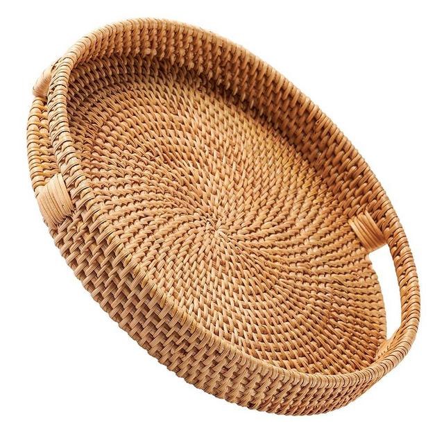 JUNGLE CULTURE Large Rattan Serving Tray 14" in Natural Honey • Round Table Basket • Wicker Ottoman Trays with Handles for Coffee Table, Bed Side or Couch • Flat Circle Woven Tray • Boho Farmhouse