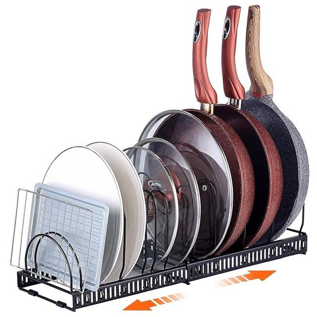 Mr Rabbi Pots and Pans Organizer Rack For Cabinet, 2 Pack Pot Lid Organizers, Or 1 Expandable Pot Rack For Kitchen Cabinet Pantry Bakeware Lid Holder with 11 Adjustable Compartments