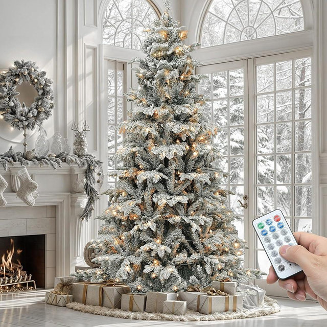 YITAHOME Pre-Lit Flocked Artificial Christmas Tree with Remote, 6.5 FT Snow Flocked Natural Layered Christmas Tree with 760 PE & PVC Mixed Tips and 350 Lights for Home, Office, Party Decoration