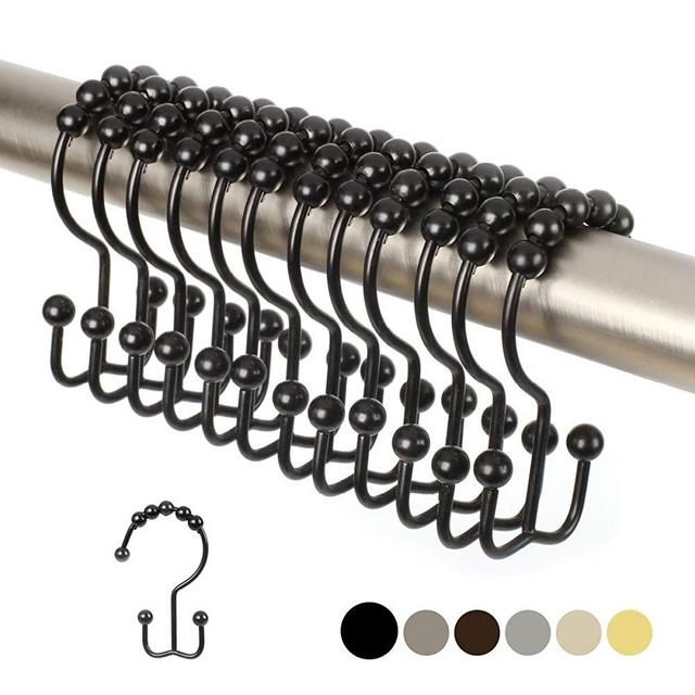 2lbDepot Double Shower Curtain Hooks Rings (Matte Black Decorative Finish) Premium Rust Resistant Stainless Steel Metal Hook, Roller Balls Glide on Shower Rods, Set of 12