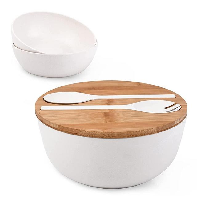 Large Salad Bowl with Lid and Servers Set,Bamboo Fiber Serving Bowls with Lid Spoon and Fork, 9.8 inch Mixing Bowls for Pasta,Soup,Salads and Fruits, Dishwasher Safe, 125 Ounce,White