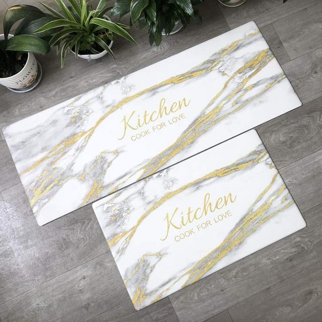Carvapet 2 Pieces Comfort Anti-Fatigue Kitchen Rugs Standing Desk Mat Waterproof Decorative Ergonomic Floor Pad Kitchen Rug Gold Marble Design 18"x47"+18"x30"