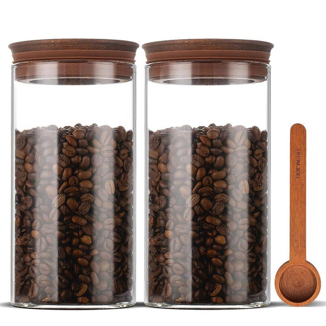 BOILMERIT Glass Coffee Storage Container for Whole Bean Coffee, 37oz Airtight kitchen Coffee Canister with Wood Lid and Scoop, Set of 2 Food Storge Jars holds up to 2 lb Beans for Coffee Bar Counter