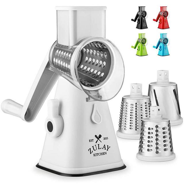 Zulay Kitchen Manual Rotary Cheese Grater with Handle - Round Cheese Shredder Grater with 3 Interchangeable Stainless Steel Blades - Easy To Use Fruit, Nut, and Vegetable Grater (White)