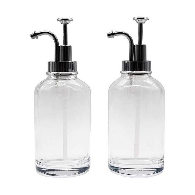 Wodlo 2-Piece Set Glass Soap Dispenser Pump Bathroom Accessories - with 13.5 Ounce Glass Bottle for Bathroom or Kitchen, Perfect for Liquid Soap, Essential Oils and Lotions (Clear)