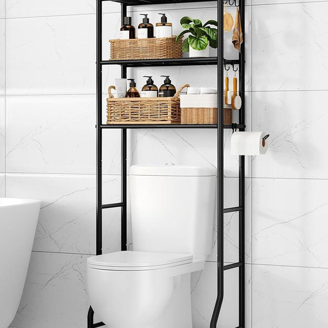 Kitsure Over Toilet Storage Rack - Metal Over Toilet Bathroom Organizer Shelf, Over The Toilet Storage Cabinet with Paper Holder and Hooks, Bathroom Cabinet for Laundry, Black, 3 Tiers (63.2" H)