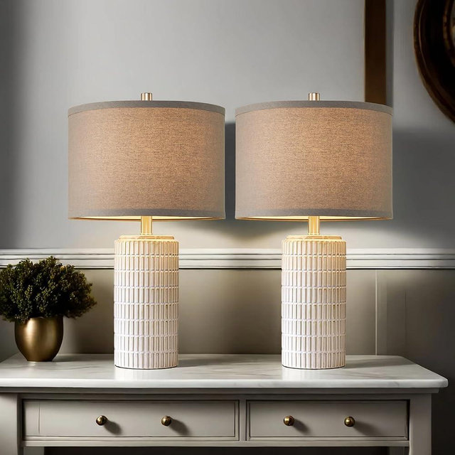 AIEAMPDO 23" Set of 2 Ceramic Table Lamps, Farmhouse Bedside Lamp for Bedroom Living Room Nightstand Entryway, Side Table Lamps Modern Desk Lamp, 2 LED Bulbs Included (Gray)