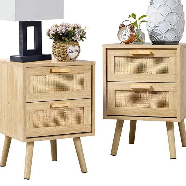 Finnhomy Nightstand, End Table, Side Table with 2 Hand Made Rattan Decorated Drawers, Wood Accent Table with Storage for Bedroom, Natural, 2 Pack