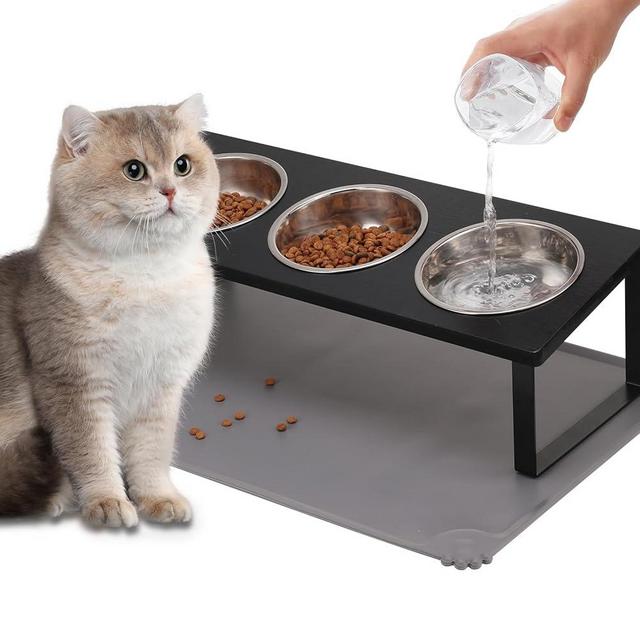 Upgraded Elevated Cat Bowls with Food Mat,15°Tilted Stand Anti Vomiting Raised Cat Dishes for Food and Water,3 Stainless Steel Bowls for Cats and Puppy（Black）