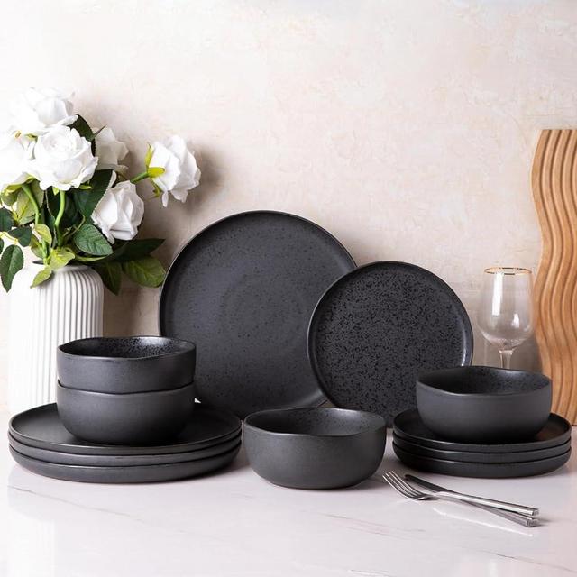 AmorArc Ceramic Dinnerware Sets, Wavy Rim Stoneware Plates and Bowls Sets, Highly Chip and Crack Resistant | Dishwasher & Microwave & Oven Safe Dishes set, Service for 6 (18pc)-Speckled Black