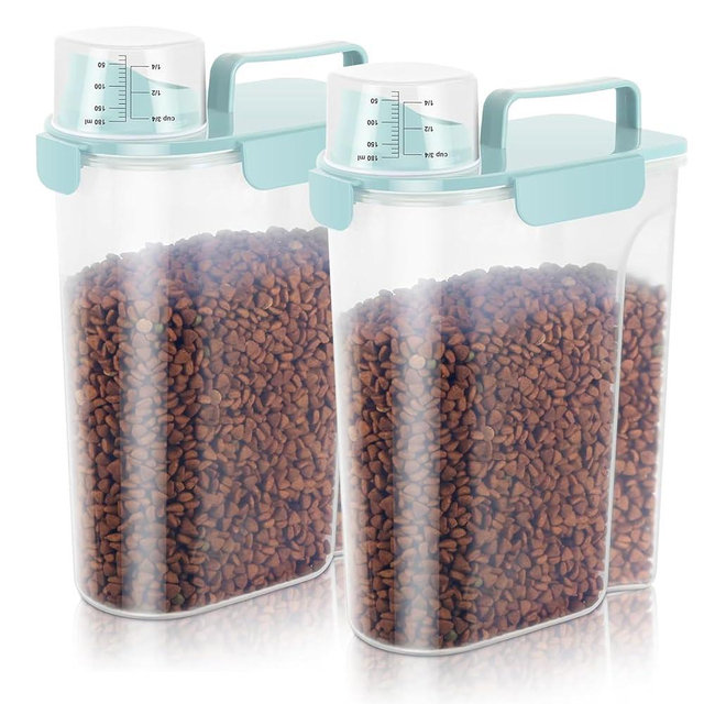 5.5LBS Dog Cat Storage Container Portable with Upgraded Large Spout and Cup, Plastic Pet Food Dispenser for Small Animal Kibble, Bird Seed, Oatmeal, Rice, Flour, Brown Sugart-2 Pack Light Blue