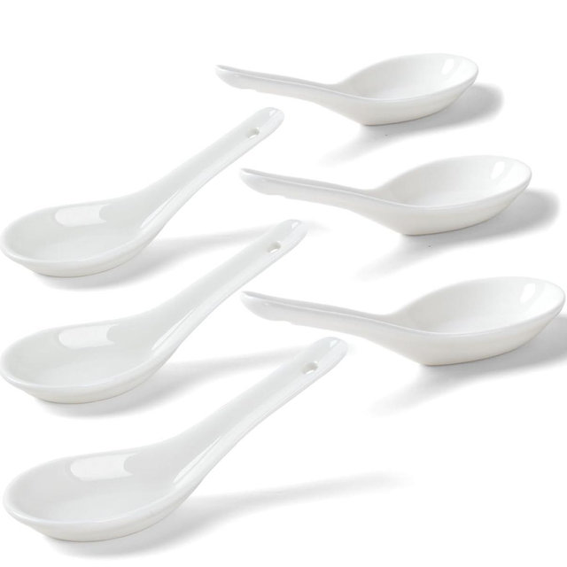 Soup Spoons Set of 6, Asian Ceramic Soup Spoons 5.3" Ramen Spoons Proper for Corelle Pho Miso Wonton Ramen Dumpling Macaron Dishwasher & Oven Safe