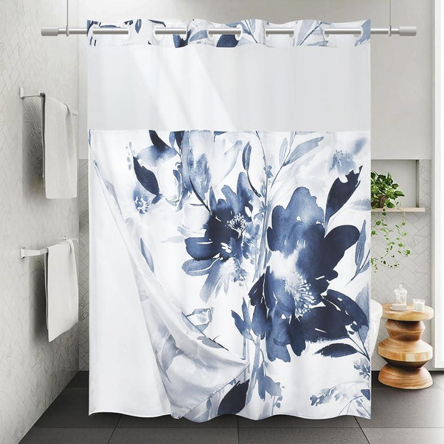 WITHLOC No Hook Shower Curtain with Snap in Liner - Floral Shower Curtain - Fabric Waterproof Inner Liner, Plants Navy Blue Flowers Modern Cloth Shower Curtains - Machine Washable, 71 x 74