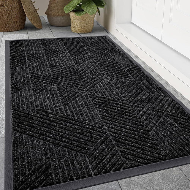 Smiry Front Door Mat Outside Entrance, Heavy Duty Sturdy Natural Rubber Doormat, Trap Dirt and Moisture, Easy Clean Low Profile Welcome Floor Mats for Indoor Outdoor Entry, 59x24 Inch, Black