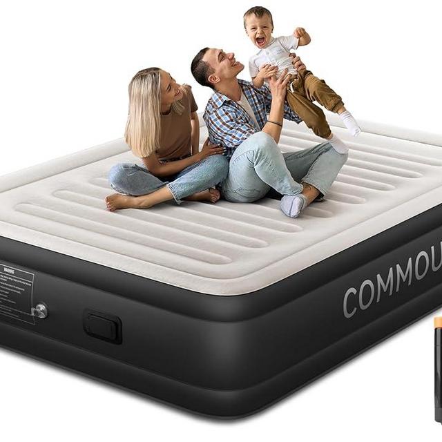 COMMOUDS Queen Air Mattress with Built-in Battery Powered Removable Pump, 18" High Inflatable Mattress, Portable Blow up Mattress, Air Bed for Camping, Home and Guest
