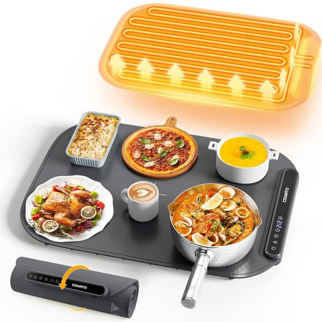 Food Warming Mat, Food Warmers for Parties Buffet, Silicone Heating Mat with 7 Temperature Settings, Roll-Up Storage, 17.91"x12.8", Grey