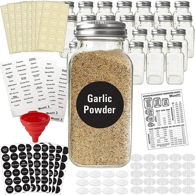 Talented Kitchen 24 Large Glass Spice Jars w/2 Types of Preprinted Spice Labels. Commercial Grade, Complete Set: 24 Square Empty Jars 6oz, Pour/Sift & Coarse Shakers, Airtight Cap Chalk & Clear Label