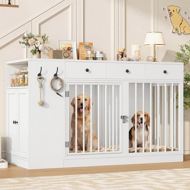 Keyluv 59" Large Dog Crate Furniture with Storage Drawers and Cabinet, Single/Double Dog Kennel Indoor with Removable Divider, TV Stand Dog Cage Furniture with Hooks for Small/Medium/Large Dogs, White