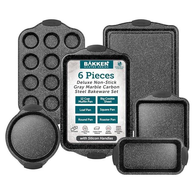 BAKKEN 6-Piece Nonstick Gray Marble Coated Bakeware Set - Professional Quality Carbon Steel Pans with Silicone Handles - Ideal for Oven, Refrigerator, Freezer - Dishwasher Safe