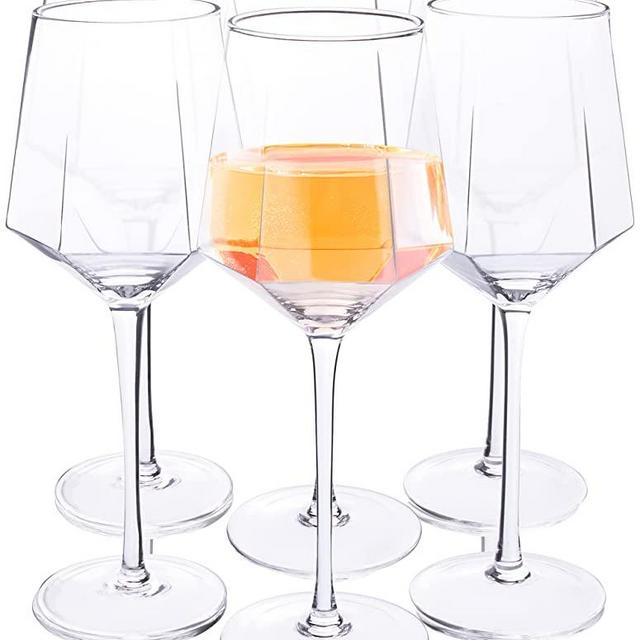 CELD Crystal Wine Glasses Set of 6 - Long Stem Hexagon Shaped Wine Glass Set for Red or White Wines - Large, Beveled, Diamond Shape Sides Lets Wine Breathe