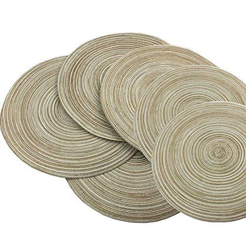 WAZAIGUR Red-A，Placemats,Round Placemats for Dining Table Set of 6 Woven Heat Resistant Non-Slip Kitchen Table Mats Diameter 14 Inch(Cream with Golden Silk)