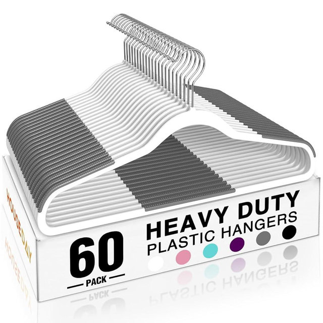HOUSE DAY Heavy Duty Plastic Hangers 60 Pack, Non Slip Clothes Hangers with Rubber Pads and 360° Hook - Thin 0.2 Inch, Space Saving Coat Hanger White, Closet Organizer for Shirt, Pants, Suit, Skirt