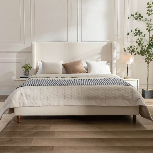 GDFStudio Eveleth 54" Headboard Upholstered Wingback Bed with Solid Wood Legs, Beige/Boucle, King