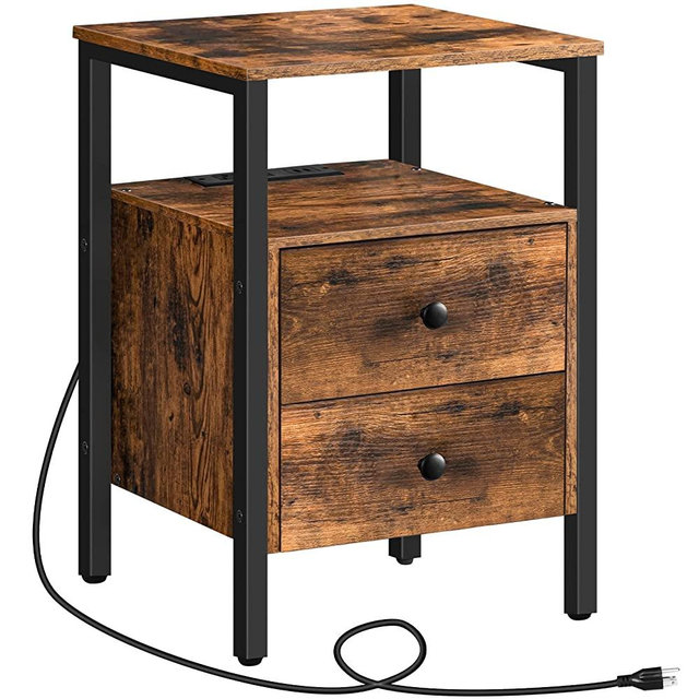HOOBRO End Table with Charging Station, Side Table with 2 Drawer & USB Ports & Power Outlets, Nightstand for Small Spaces, Stable and Sturdy, for Living Room, Bedroom, Rustic Brown BF431BZ01G2