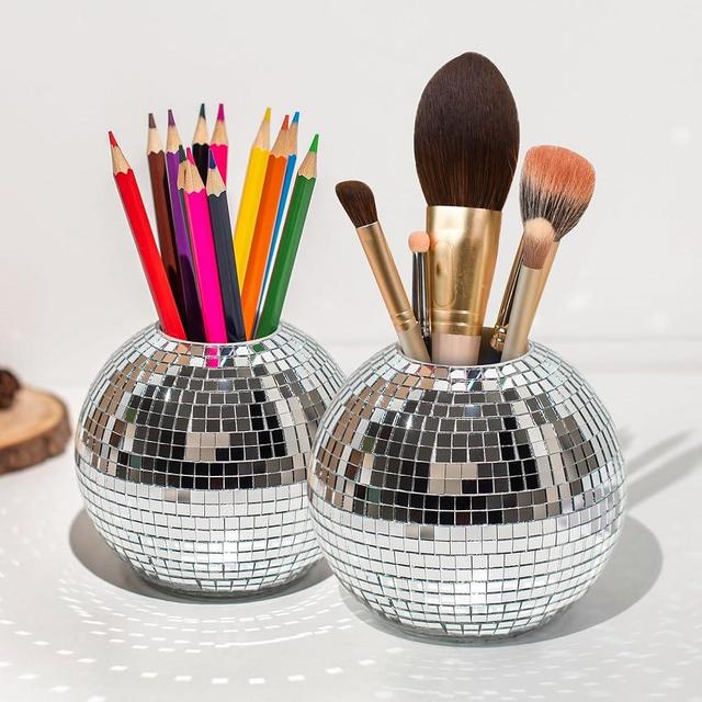 RGBDOT Disco Ball Pencil Holder for Desk - Disco Ball Pen & Makeup Brush Organizer with Silver Sequins, Disco Accessories Decor for Office, Home, or Bedroom - 4 in (2 PCS)