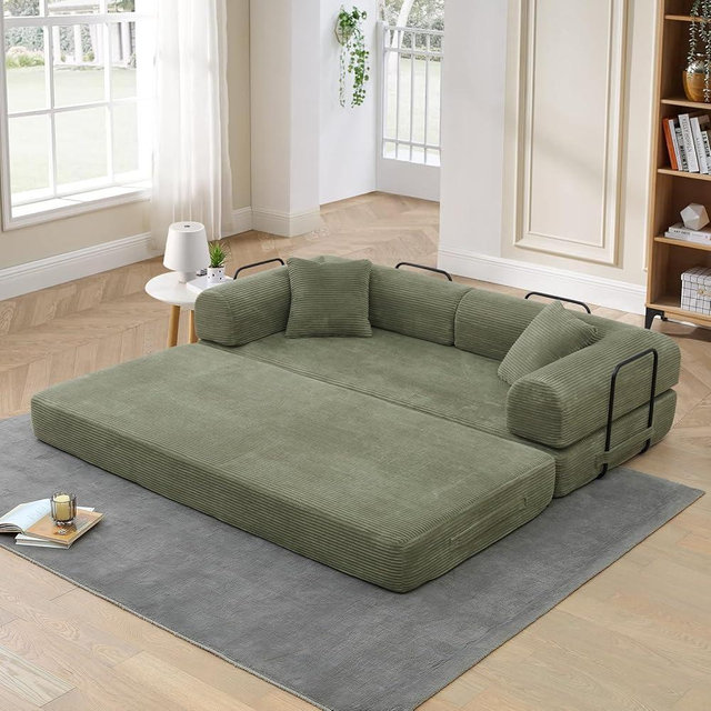 77.9-inch Convertible Sofa Bed, Modular Folding Corduroy Floor Foam Compressed Loveseat Sleeper Sofa Couch, Queen Size Bed with 2 Pillows for Living Room Guest Room Studio, Adjustable Arm, Light Green