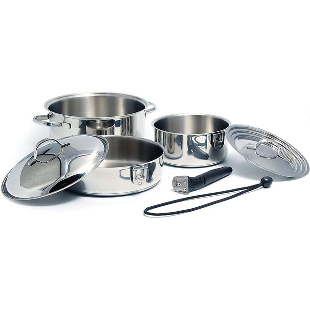 Camco 7 Piece Stainless Steel Cookware Nesting Pots and Pans Set w/Lids, Detachable Handles & Storage Strap for Camping, Tailgating, and RV