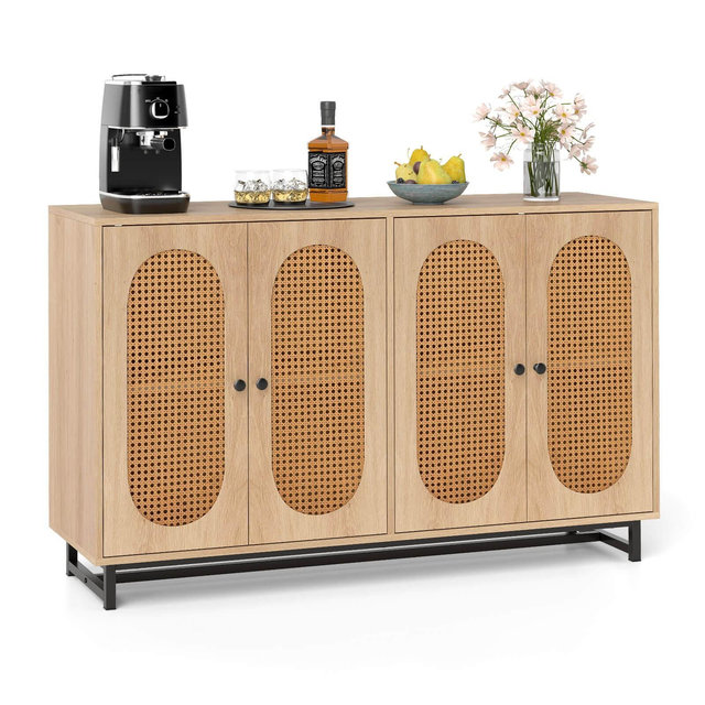 Costway 50" Buffet Cabinet with 4 Rattan Doors Adjustable Shelves Metal Legs Dining Room