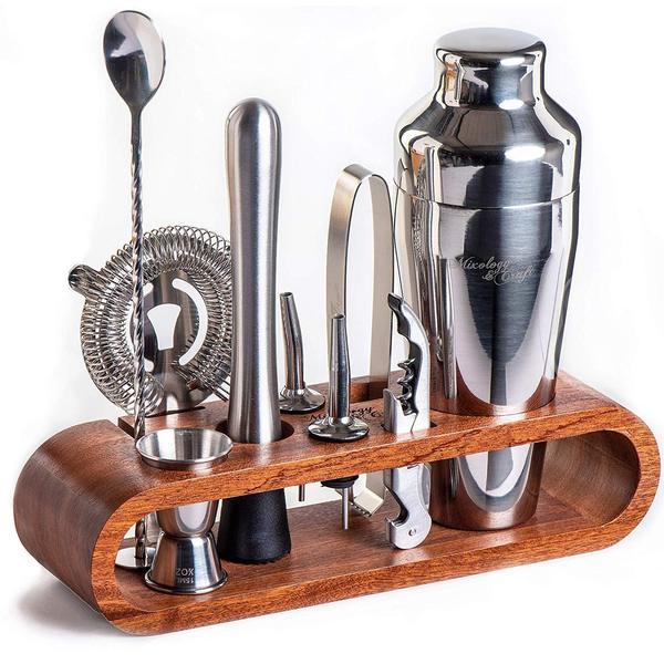 Mixology Bartender Kit with Stylish Mahogany Stand (Stainless-Steel Silver)