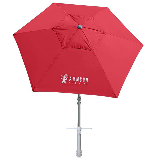 AMMSUN 8ft Large Beach Umbrellas for Sand Heavy Huty Wind Portable Commercial Grade Patio Beach Umbrella with Sand Anchor Adjustable Height Air Vent UPF 50+ Telescoping Pole without tilt Red