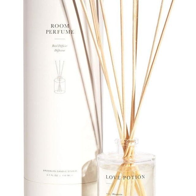 Brooklyn Candle Studio Reed Scent Diffuser - Relaxing Oil Diffuser, Sandalwood & Amber Fragrance, 8 Rattan Diffuser Reeds, Clean Ingredients (3.7oz, Love Potion)