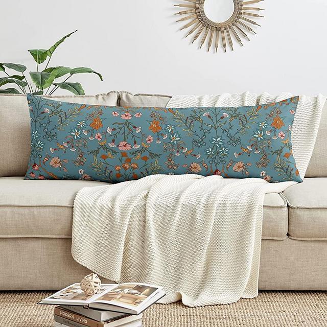 Sweet JoJo Designs Boho Bohemian Farmhouse Teal Blue Orange Wildflower Garden Floral Accent Decorative Couch Long Throw Zipper Body Pillow Cover Case 54x20 Botanical Flower Vintage Home Room Decor