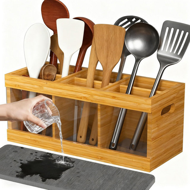 Bamboo Utensil Holder for Countertop, Kitchen Cooking Utensil Organizer with 6 Compartments & Diatomaceous Earth Drying Mat, Wood Silverware Caddy