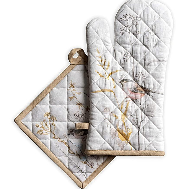 Maison d' Hermine Meadow Florals - Beige 100% Cotton Set of Oven Mitt (7.5"x13") and Pot Holder (8"x8") BBQ Cooking Baking Grilling Microwave Spring/Summer