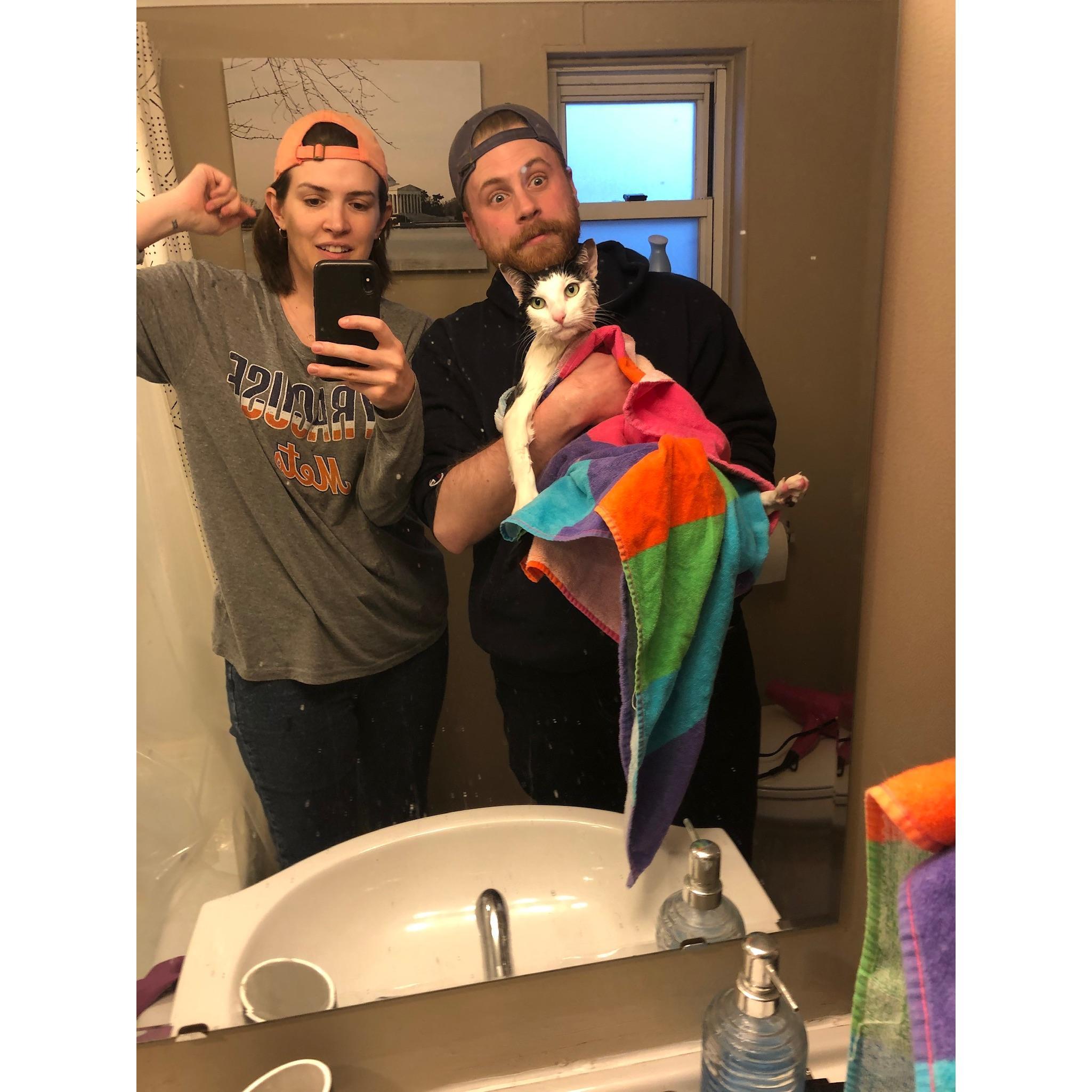 The aftermath of a multi-state trip with our cat, Jack. At one point he wedged himself in the wall of Conor's dad's basement. We had to give him a bath when we got home.