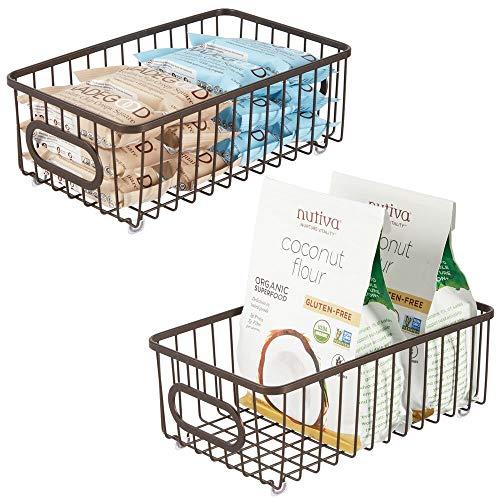 mDesign Metal Farmhouse Kitchen Pantry Food Storage Organizer Basket Bin - Wire Grid Design - for Cabinets, Cupboards, Shelves, Countertops, Closets, Bedroom, Bathroom - Small Wide, 2 Pack - Bronze