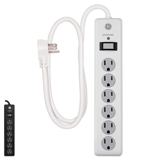 GE 6-Outlet Surge Protector, 4 Ft Extension Cord, Power Strip, 800 Joules, Flat Plug, Twist-To-Close Safety Covers, UL Listed, White, 33658