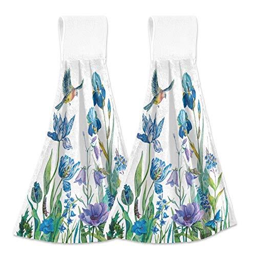 Spring Flowers Bird Hanging Kitchen Towel Floral Hand Towels Loop Soft Microfiber Decorative Watercolor Vintage Dish Towel for Bathroom Washcloth Absorbent Tie Towel 2pcs