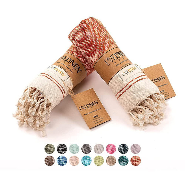 Evelynen Turkish Hand Towels for Bathroom & Kitchen Towels Decorative Set of 2 | Boho Farmhouse Hand Towels with Hanging Loops for Face, Tea, Dish, Kitchen & Bath | %100 Cotton (16" x 32" - Brick)
