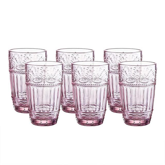 Glass Tumblers,12 Ounce Embossed Design Drinking Glasses Set of 6 (Pink)