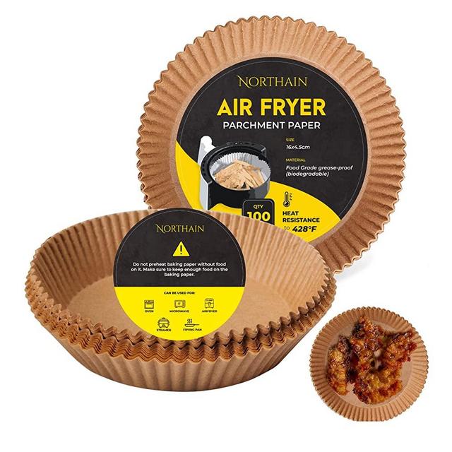 Air Fryer Liners 100 PCS with Cheat Sheet - Raised Edge Sheets Keep AirFryer Basket Clean - Large Disposable Parchment Paper CookingLiner is Non-Stick & Greaseproof - Compatible with Oven, Steamer & Crockpots