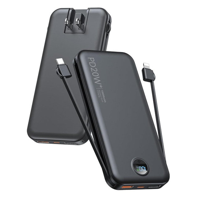 Portable Charger, 10000mAh PD20W Fast Charging Power Bank with Built-in Cables & Wall Plug, External Battery Pack with LED Display, Travel Essentials Battery Bank for iPhone, iPad, Samsung Matte Black